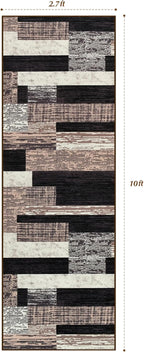 Indoor Runner Rug, Washable Runner Rug with Rubber Backing, Modern Geometric Patchwork Aesthetic Carpet for Bedroom, Living Room, Hallway, Entryway,Washable Rugs Rockwood Collection,2.7x10Ft Chocolate