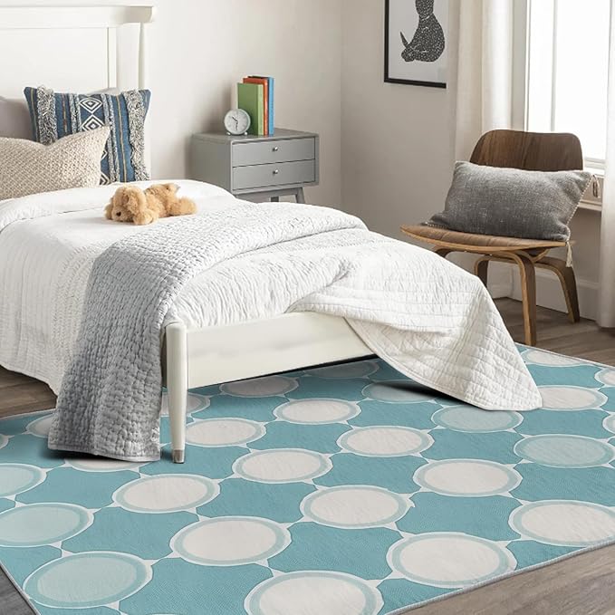 Aqua and White Rug, 6x9 Rug, Blue Rugs for Living Room Bedroom, Geometric Large Area Rug, Washable Rug Non Slip Soft Indoor Carpet, Kids and Pets Friendly, Aqua and White Home & Room Decor