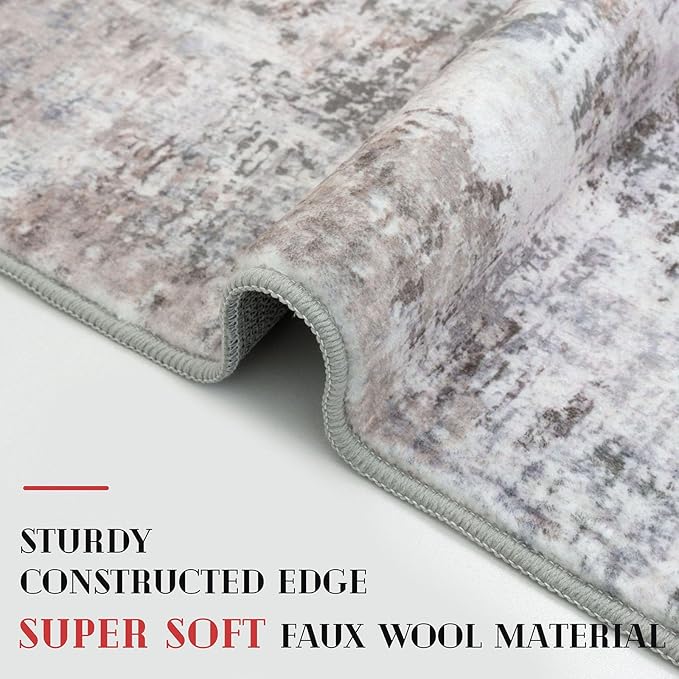 Modern Abstract 3x18 Runner Rug, Beige Grey Neutral Washable Long Kitchen Runner Non-Slip Soft Hallway Rug Runner Thin Print Faux Wool Floor Carpet for Hall Stair Entryway