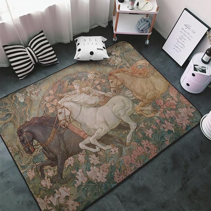 Horse Western Boho Ethnic Style Area Rug Washable Outdoor Rugs Anti-Slip Soft Carpet Entryway Indoor Door Mat for Bedroom,Living Room,Porch,Terrace and Entrance Decor 5'x 4'
