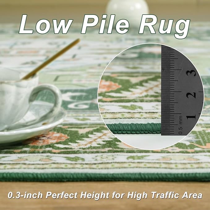 5x7 Green White Area Rug for Living Room, Machine Washable Rugs with Non-Slip Backing for Bedroom, Vintage Medallion Carpet Dining Room Office Kids Room Decor
