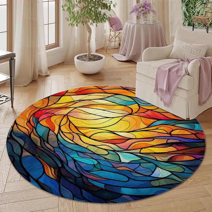 Abstract Colorful Pattern Round Rug Vintage Church Glass Area Rug Washable Soft Non-Slip Floor Carpet Low Pile Accent Rugs for Entryway Living Room Dining Room Bedroom Home Office 8ft