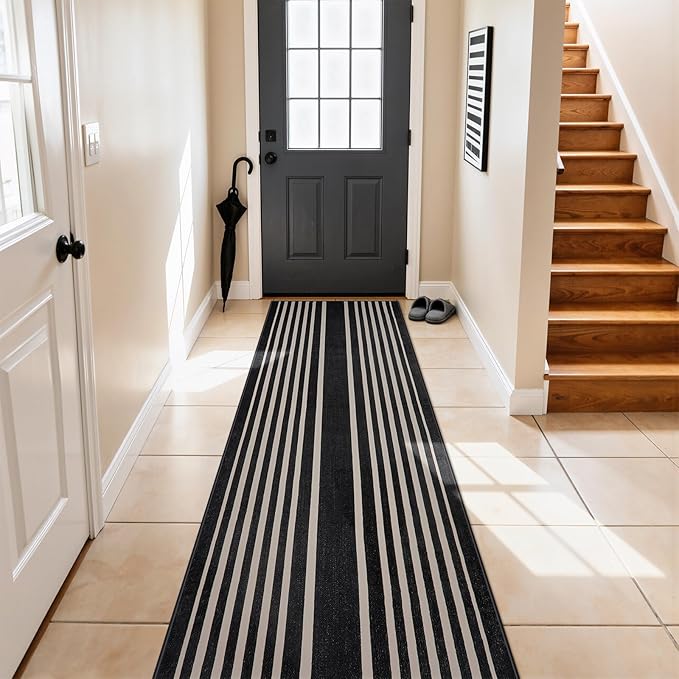Beeiva Black and White Striped Runner Rug, 2.5x8 Washable Geometric Rugs for Hallway, Non Slip Rubber Backing Indoor Runner Rugs Modern Floor Carpet for Bedroom Bathroom Porch Entryway Rug