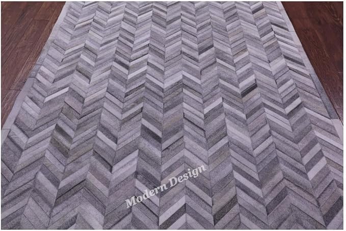 Modern Design Premium Cowhide Leather Carpet with Chevron Pattern, Area Rug (Natural Multi Grey, 4x6)