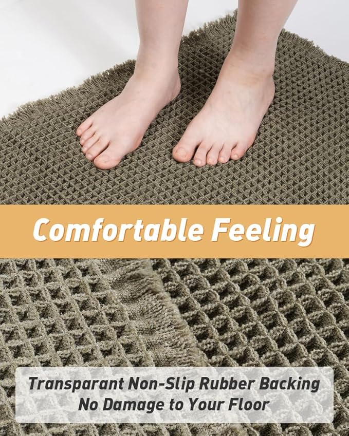 Upgraded Waffle Runner Rug, Super Absorbent Non Slip Bath Mats for Bathroom Floor, Machine Washable Bathroom Runner Rug with Tassels, Ideal for Hallway Bedroom Laundry Room, Dark Green, 17" x 60"