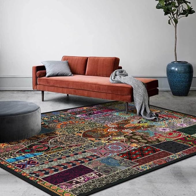 Vintage Boho Area Rugs Multicolor Ethnic Style Geometric Splicing Carpets Bedroom Living Room Kitchen Floor Mats Indoor Outdoor Non-Shedding Runner Rug Home Décor Carpet 4' X 5.2'