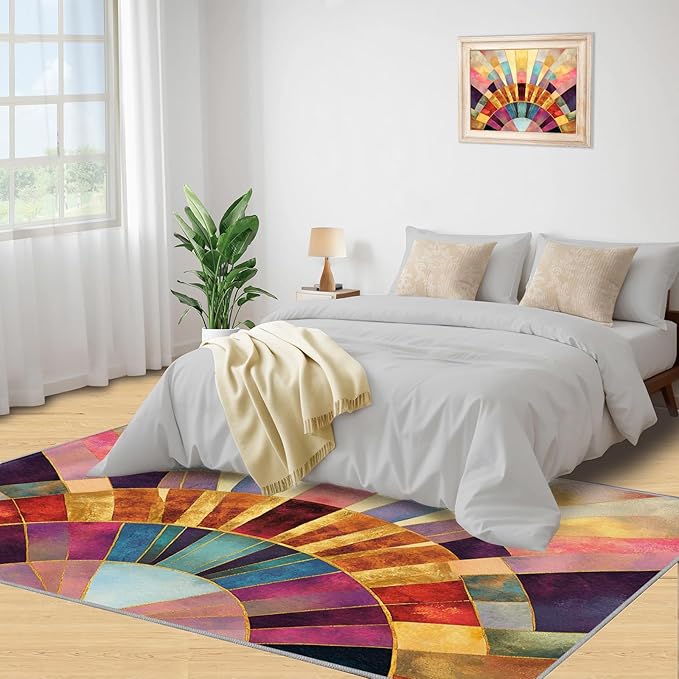 Chromatic Geometric Area Rugs 5x6ft, Abstraction Deco Rugs for Kids Bedroom, Mosaic Sunburst Office Rug Low Pile are Not Stumbling Foot for Living Room End Table Nursery