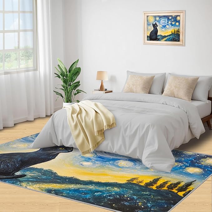 Black Cat Rugs for Bedroom - 3x5 Area Rug - Starry Sky Countryside Rugs for Living Room, Vintage Oil Painting Art Rug, Washable Home Decor Carpet