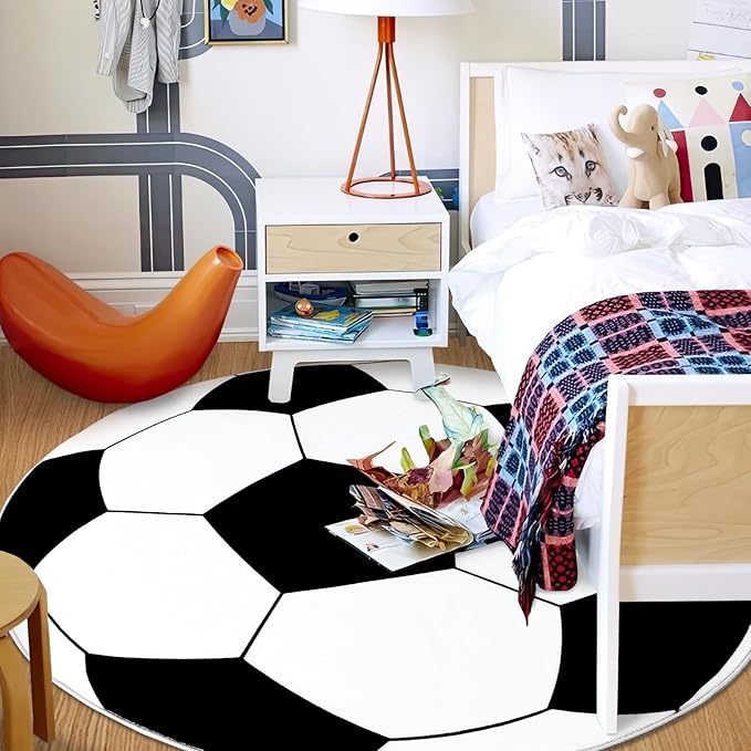 Soft Soccer Rug, Gifts for Boys Girls, Cute Bedside Shag Area Rug for Kids Toddlers Teens, Non Slip Room Decor Indoor Carpet for Bedroom Living Room, Nursery, Machine Washable 6 Ft inch