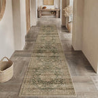 2x10 Washable Vintage Runner Rug Green Brown Hallway Kitchen Carpet Non-Slip Soft Low Pile Distressed Throw Rug for Bedroom Bathroom Laundry Living Room