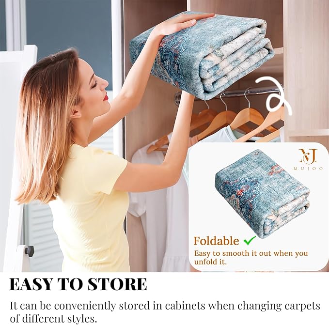 MUJOO Boho Rug 4'x6.5' Area Rugs for Bedroom Living Room Dining Room Teal Small Machine Washable Non Slip Carpet for Office Dorm Bedside Kitchen Laundry Room Accent Soft Blue Floral