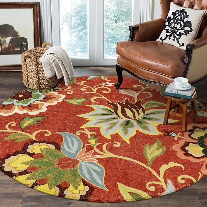 Lahome Red Floral Round Rug - 4 ft Christmas Washable Round Area Rugs Small Non Slip Entryway Mat, Throw Circle Vintage Distressed Door Mat Soft Floor Carpet for Bedroom Living Room Bathroom Kitchen
