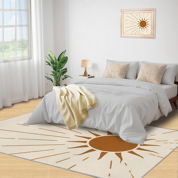 Boho Sun Area Rugs 5x6ft, Radiant Sunburst Rugs for Kids Bedroom, Geometric Solar Office Rug Low Pile are Not Stumbling Foot for Living Room End Table Nursery