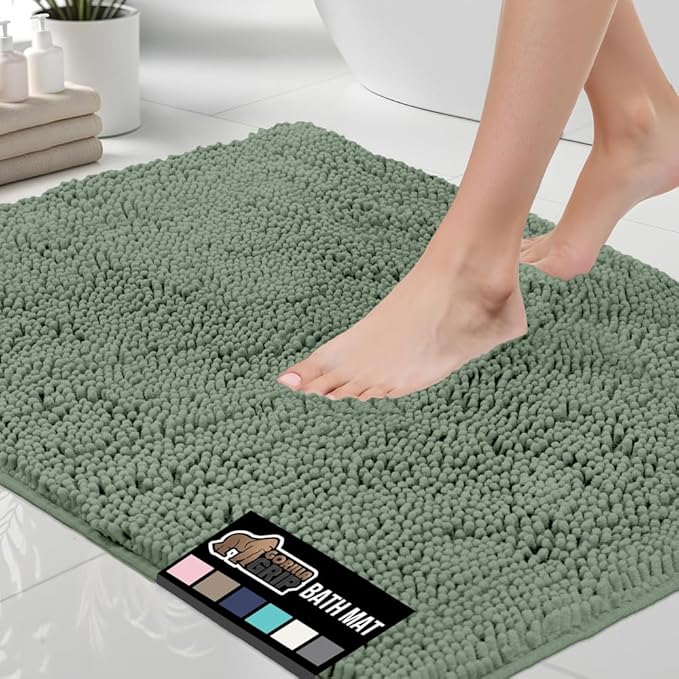 GORILLA GRIP Bath Rug Mat 30x20, Thick Soft Absorbent Chenille, Quick Dry Microfiber Mats, Rubber Backing Washable Shower Floor Rugs, US Designed Bathroom Bathmat Home Decor Accessories, Sage Green