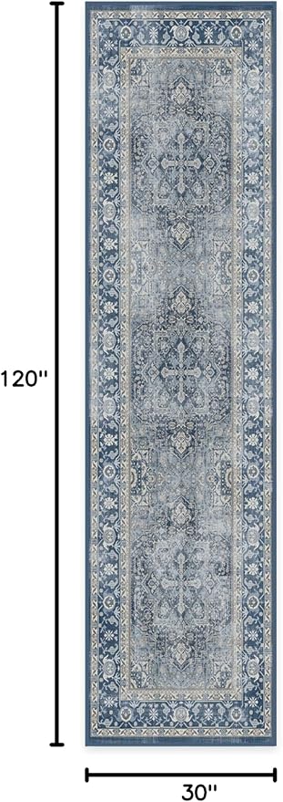 RUGGABLE Washable Vintage Runner Rug – Kamran Admiral Blue 2.5x10, Stain-Resistant, Non-Slip Hallway Runner – Machine Washable Rug for Hallway, Entryway, Living Room & Kitchen–with Standard Pad