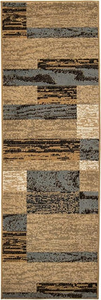 SUPERIOR Indoor Runner Rug, Jute Backed, Modern Geometric Patchwork Floor Decor for Bedroom, Office, Living Room, Entryway, Hardwood Floors, Rockwood Collection, 2' 7" x 12', Light Blue-Beige