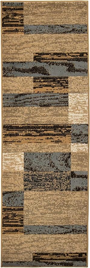 SUPERIOR Indoor Runner Rug, Jute Backed, Modern Geometric Patchwork Floor Decor for Bedroom, Office, Living Room, Entryway, Hardwood Floors, Rockwood Collection, 2' 7" x 10', Light Blue-Beige