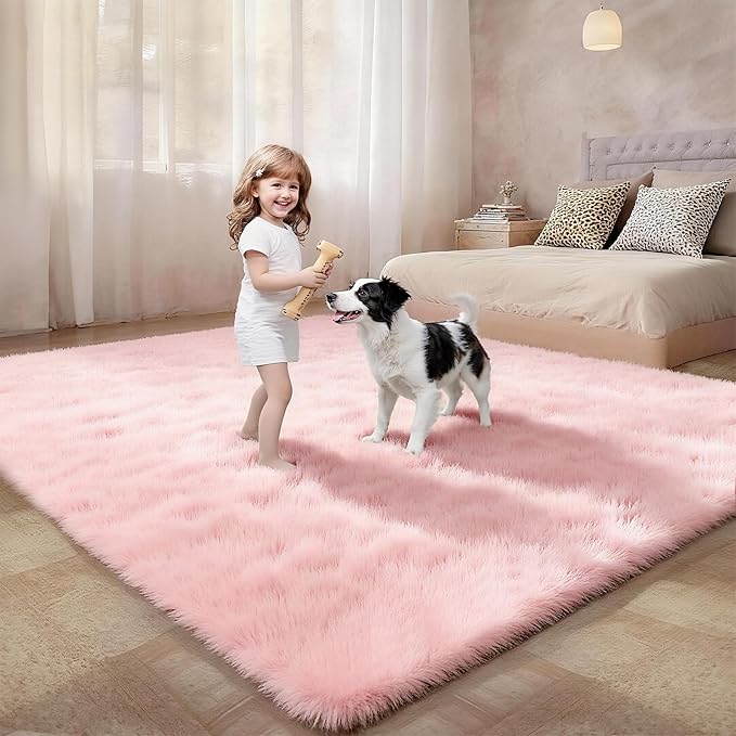 5x7 Solid Fluffy Pink Area Rug – Washable, Durable,Large Living Room Rug, Non-Slip High Pile Shag Rugs for Bedroom, Bedside, Dorms, Nursery Rooms, Kids Room, Soft Indoor Floor Carpet Decor