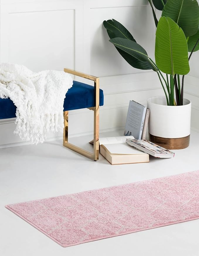 Unique Loom Trellis Frieze Collection Area Rug - Geometric (2' x 10' Runner, Light Pink/ Ivory)
