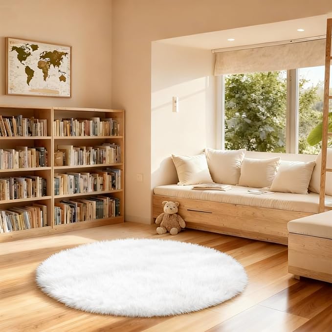 4x4 Round Solid Fluffy White Area Rug – Washable, Durable, Circle Bedroom Rug, Non-Slip High Pile Shag Rugs for Living Room, Bedside, Dorms, Nursery Rooms, Kids Room, Soft Indoor Floor Carpet