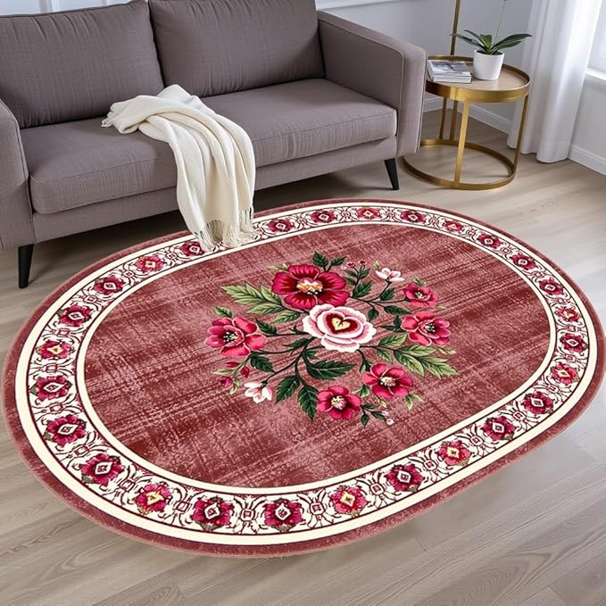 Retro Country Distressed Burgundy Green Florals Texture Bordered Rugs 7x9 for Living Room Bedroom Dining Room Soft Washable Non Skid Area Rug Guestroom Kitchen Doormats Rustic Indoor Oval Carpet