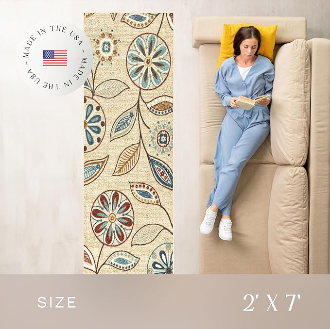 Maples Rugs Reggie Floral Runner Rug - Made in USA - Washable, Non Slip Indoor Carpet for Kitchen, Hallway, and Laundry Room, 2' x 7', Beige