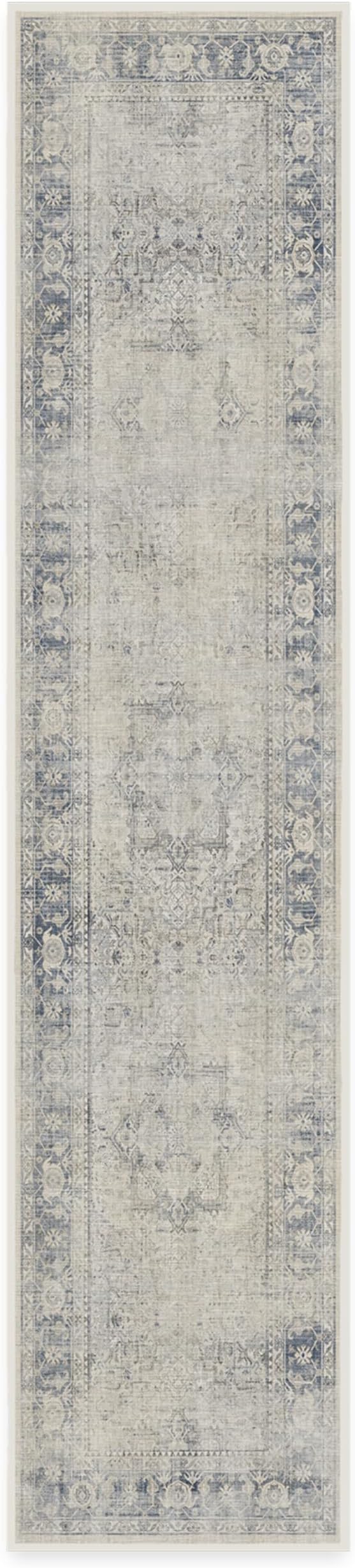 RUGGABLE Washable Vintage Runner Rug – Kamran Blue Quartz 2.5x12, Stain-Resistant, Non-Slip Hallway Runner – Machine Washable Rug for Hallway, Entryway, Living Room & Kitchen–with Standard Pad