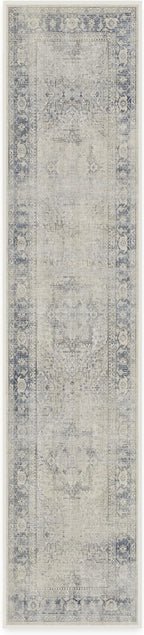 RUGGABLE Washable Vintage Runner Rug – Kamran Blue Quartz 2.5x12, Stain-Resistant, Non-Slip Hallway Runner – Machine Washable Rug for Hallway, Entryway, Living Room & Kitchen–with Standard Pad