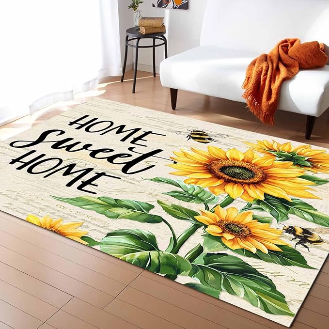 Summer Sunflowers Rectangular Area Rugs for Living Room Bedroom 4 x 6 ft Rustic Floral Bees Green Leaves Non-Shedding Soft Low Pile Rug Non Slip Washable Rug for Nursery Entryway Playroom