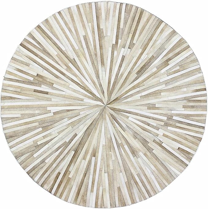 Round Faux Cowhide Area Rug 3×3 ft – Modern Non-Slip Leather Accent Carpet for Living Room, Bedroom, Kids Playroom & Home Decor, Beige
