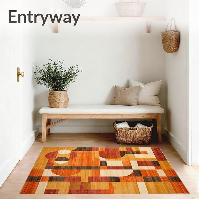 Flatwoven High Traffic Area Rug 4x6, Orange Rust Copper Abstract Geometric Shape, Non Slip, Stain Resistant, Washable Area Rugs for Living Room, Bedroom (Orange, 4x6)
