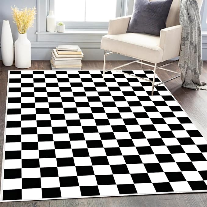 Checkered Rug 4x6 Rugs for Living Room Modern Minimalist Washable Black and White Checkered Non-Slip Large Rug for Office Playroom (Black and White, 4x6ft)