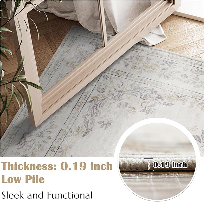 jinchan Vintage Floral Runner Rug 2x5 - Machine Washable Distressed Design Non-Slip Low-Pile Soft Thin Carpet for Hallway Kitchen Farmhouse Bedroom Entryway Laundry Room (2x5ft, Light Grey)