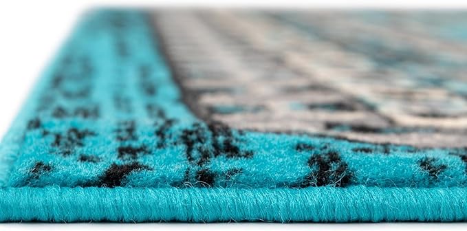 Unique Loom Taftan Collection Border Geometric Tribal Inspired Design Area Rug (9' 0 x 12' 0 Rectangular, Turquoise/ Gray)
