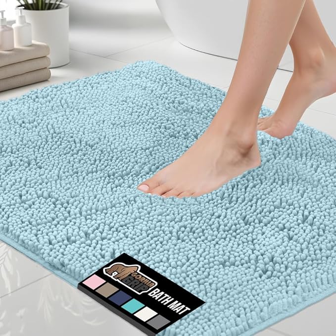 GORILLA GRIP Bath Rug Mat 44x26, Thick Soft Absorbent Chenille, Quick Dry Microfiber Mats, Rubber Backing Washable Shower Floor Rugs, Bathmat Runner, US Designed Bathroom Home Decor Accessories Sky