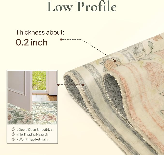 Bavni 2'6''x6 Runner Rug,Microfiber Washable Non-Slip Vintage Floral Rugs,Low Pile Lightweight Carpet for Bedroom,Hallway,Entryway,Kitchen,Bathroom, Beige&Green