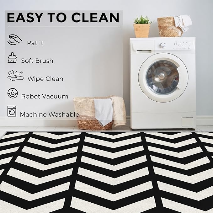 4x6 Black and White Chevron Rugs for Bedroom Decor, Washable Chevron Geometric Pattern Area Rug, Living Room Home Decoration, Non Slip Soft Thin, Modern Zigzag Decor Carpet PF-P 49