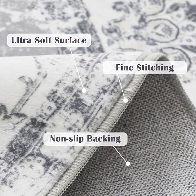 jinchan Fiora Round Rug 6ft Area Rug - Grey Vintage Floor Mat Indoor Ultra-Thin Soft Floral Print - Washable Circle 6' Retro Accent for Farmhouse Non Slip Dining Room Living Room Bedroom Office