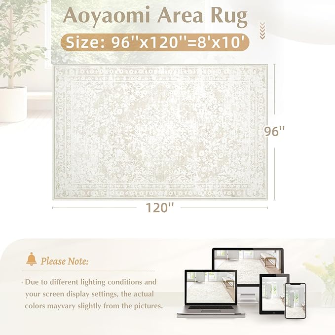 Vintage Living Room Area Rug - 8x10 Large Machine Washable Boho Area Rug Distressed Floral Rugs for Bedroom, Soft Non-Slip Indoor Floor Accent Rugs for Office Dining Room (Cream Beige, 8'x10')