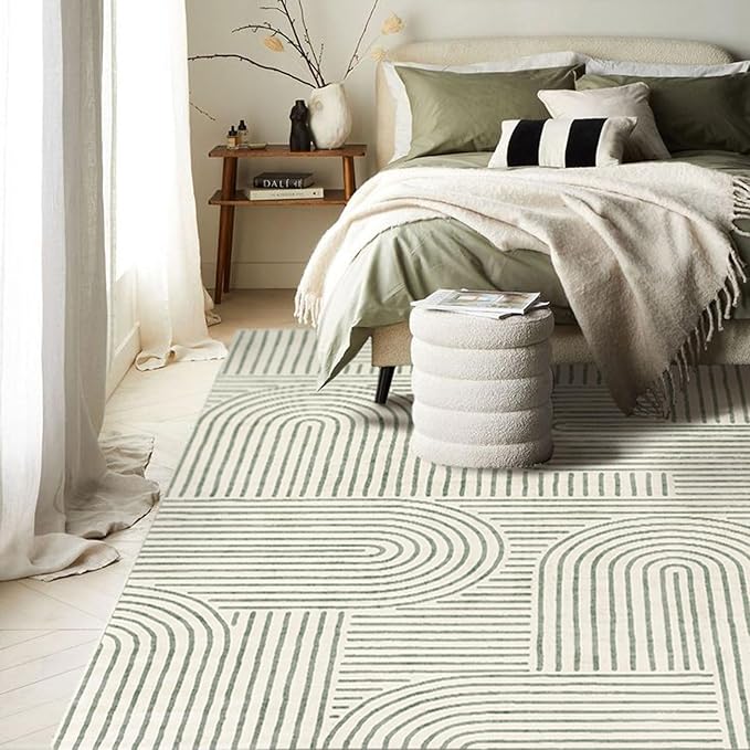 Area Rugs 9x12 Living Room - Large Washable Sage Green Boho Rugs for Bedroom Soft Abstract Rug Ultra-Thin Modern Rainbow Carpet Rug for Dining Room Nursery Room Home Decor
