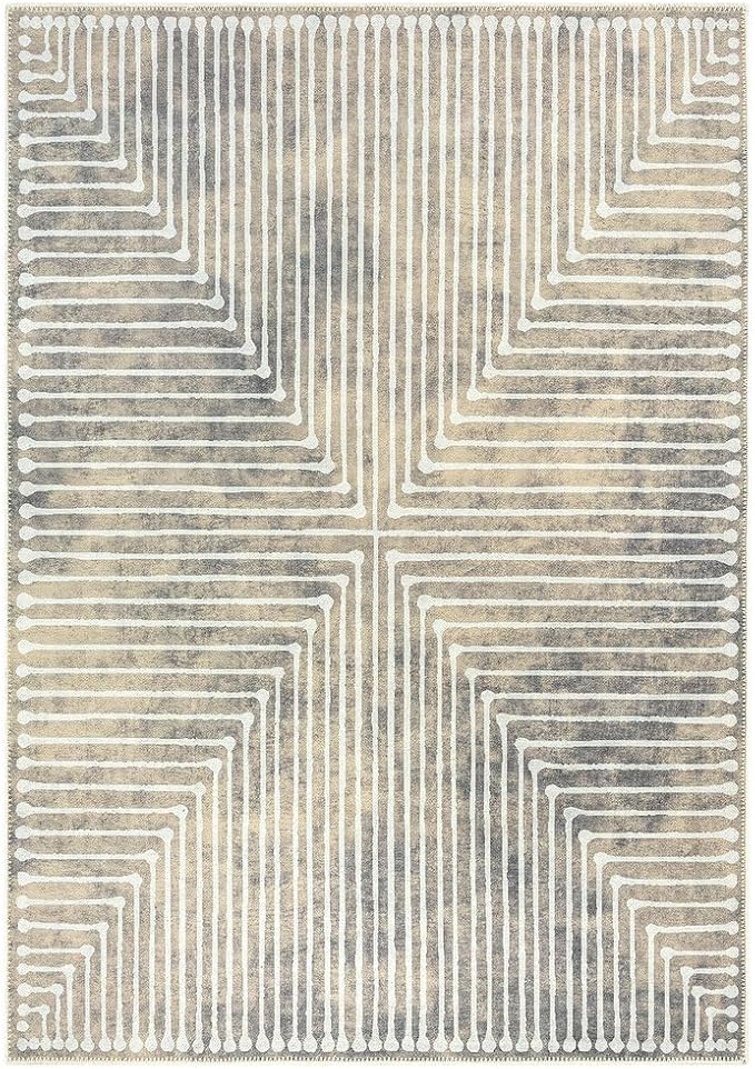 GLN Rugs Contemporary Collection - Machine Washable Area Rug, Contemporary Washable, Non Slip, Low Pile Chenille Rug, Living Room, Bedroom, Kitchen Rug (5' x 7' Lines Cream)