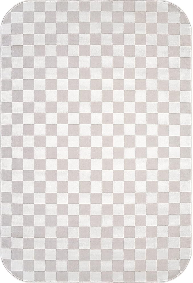Beverly Rug Modern Geometric Area Rug 6x9 Low-High Pile Durable Soft Abstract Checkered Indoor Rugs for Living Dining Room Office Stain Resistant Non Shedding Casual Indoor Carpet Beige White 6 x 9