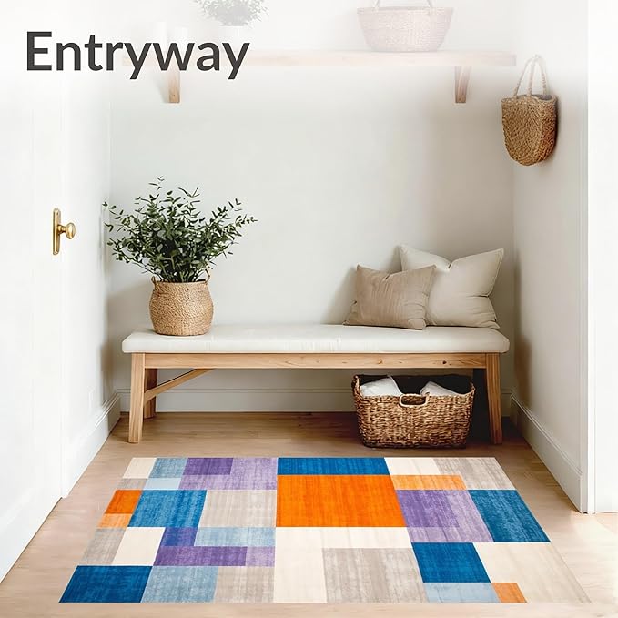 Flatwoven High Traffic Area Rug 4x6, Modern Abstract Color Block Area with Artistic Flair, Non Slip, Stain Resistant, Washable Area Rugs for Living Room, Bedroom (Blue, 4x6)