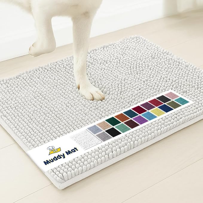 Muddy Mat® AS-SEEN-ON-TV Highly Absorbent Microfiber Door Mat and Pet Rug, Non Slip Thick Washable Area and Bath Mat Soft Chenille for Kitchen Bathroom Bedroom Indoor and Outdoor - White 24" x 120"