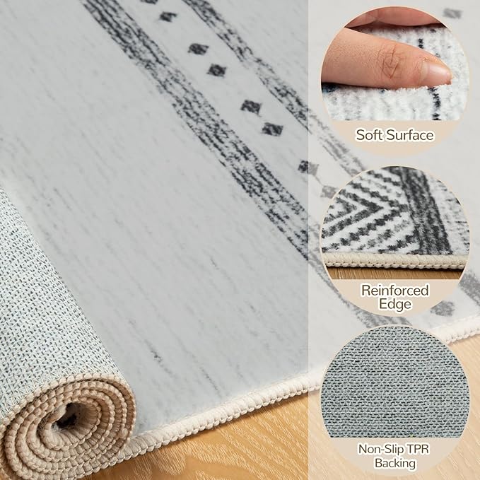 BESTSWEETIE 5x7 Area Rugs for Living Room Washable Moroccan Farmhouse Neutral Geometric Low Pile Non-Slip Soft Print Pattern Rug for Bedroom Kitchen Dining Room Entryway Grey/Black/Navy