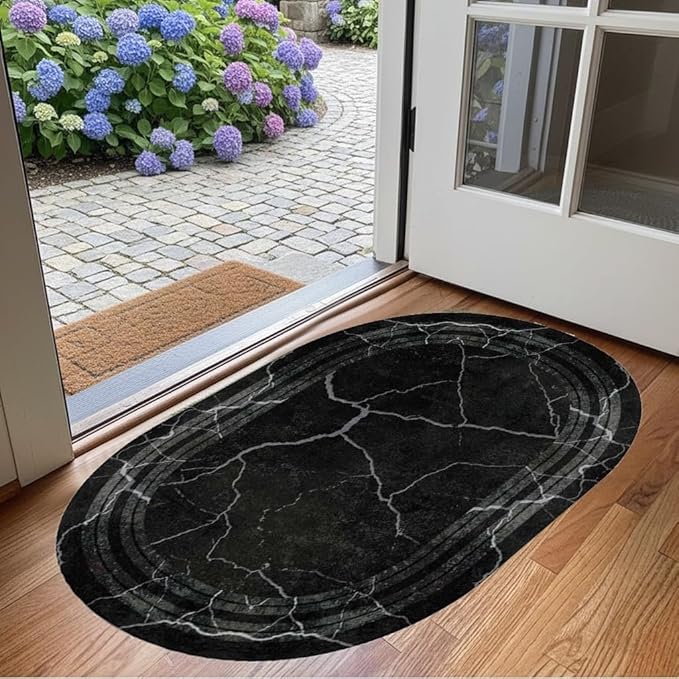 Black Grey Striped Texture Bordered Rugs 8x10 Modern Minimalist Indoor Large Area Rug for Living Room Bedroom Dining Room Soft Faux Wool Non Slip Floor Mats Entrance Bathroom Home Office Oval Carpet