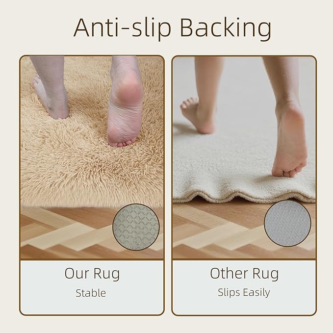 5x7 Solid Fluffy Camel Area Rug – Washable, Durable,Large Living Room Rug, Non-Slip High Pile Shag Rugs for Bedroom, Bedside, Dorms, Nursery Rooms, Kids Room, Soft Indoor Floor Carpet Decor