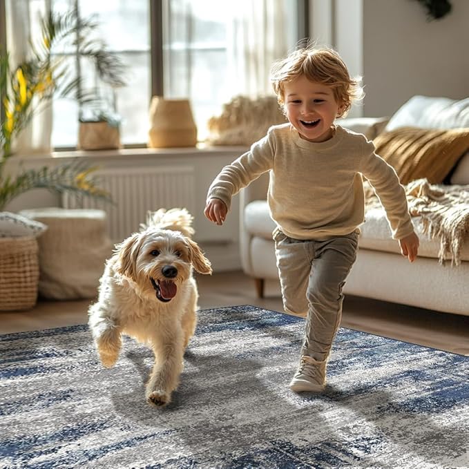 Bavni 10x14 Area Rugs, Modern Living Room Rugs, Large Machine Washable Rug Non-Slip, Soft Pet Friendly Rugs for Bedroom, Playroom, Dining Room, Blue/Ivory