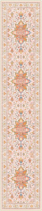 Area Rugs 2'6''x12' Washable Non-Slip, Floral Vintage Distress Print Pattern Medallion Carpet for Living Room Bedroom Dining Room, Light Pink Colorful
