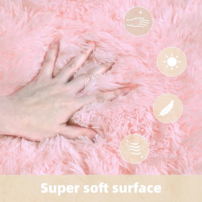 4x6 Solid Fluffy Pink Area Rug – Washable, Durable, Living Room Rug, Non-Slip High Pile Shag Rugs for Bedroom, Living Room, Bedside, Dorms, Nursery Rooms, Kids Room, Soft Indoor Floor Carpet
